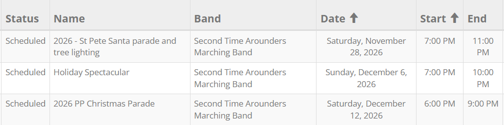 2026 Holiday Performance Schedule